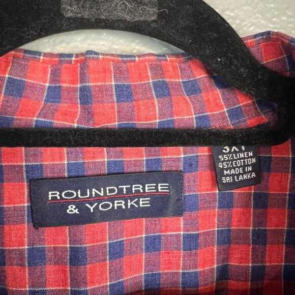 Roundtree & Yorke Gingham Linen Shirt Size 3XT Short Sleeve Collared Pink Blue - Picture 3 of 4